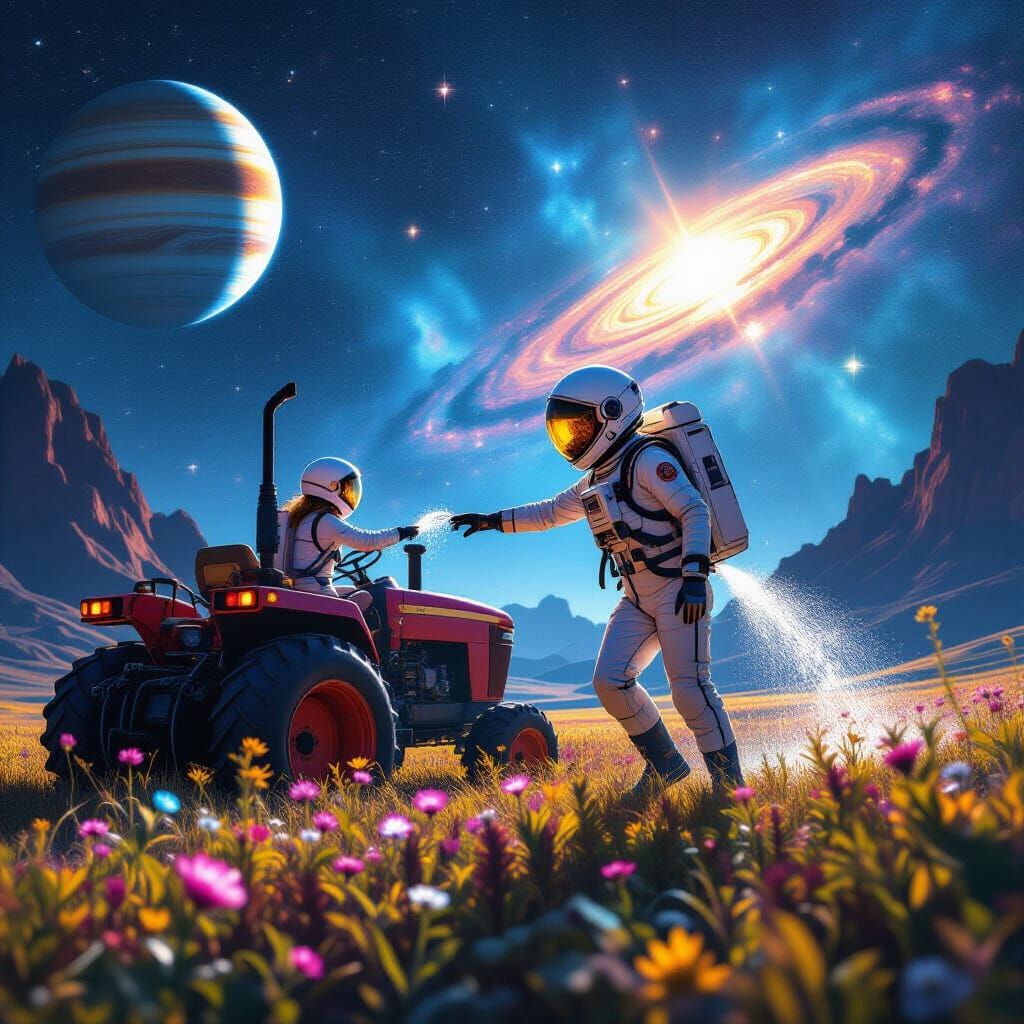 Astronaut Schoolgirl on Alien Planet with Bioluminescent Flo...