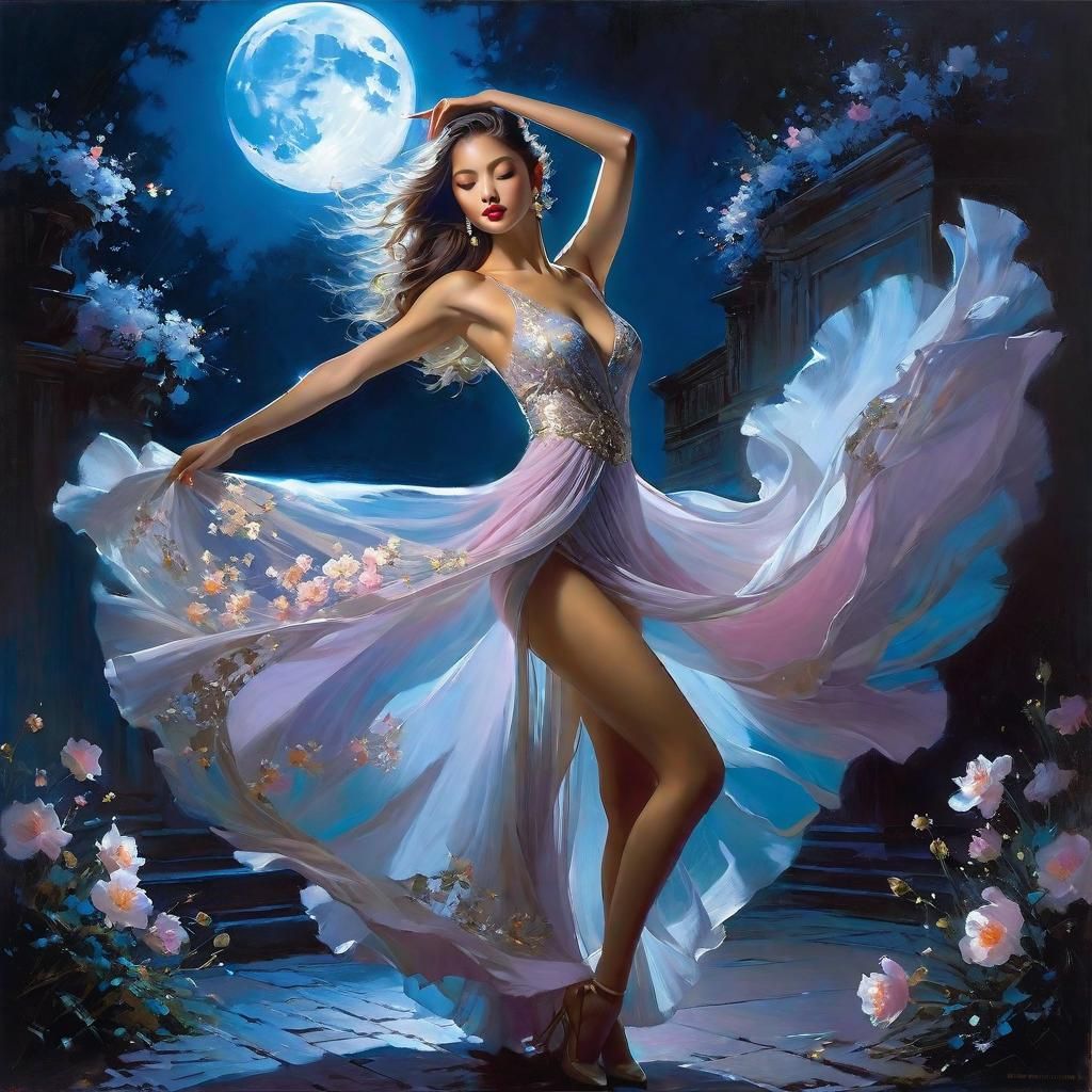Moonlit Dancer in Soft Pastel Ink Art Style