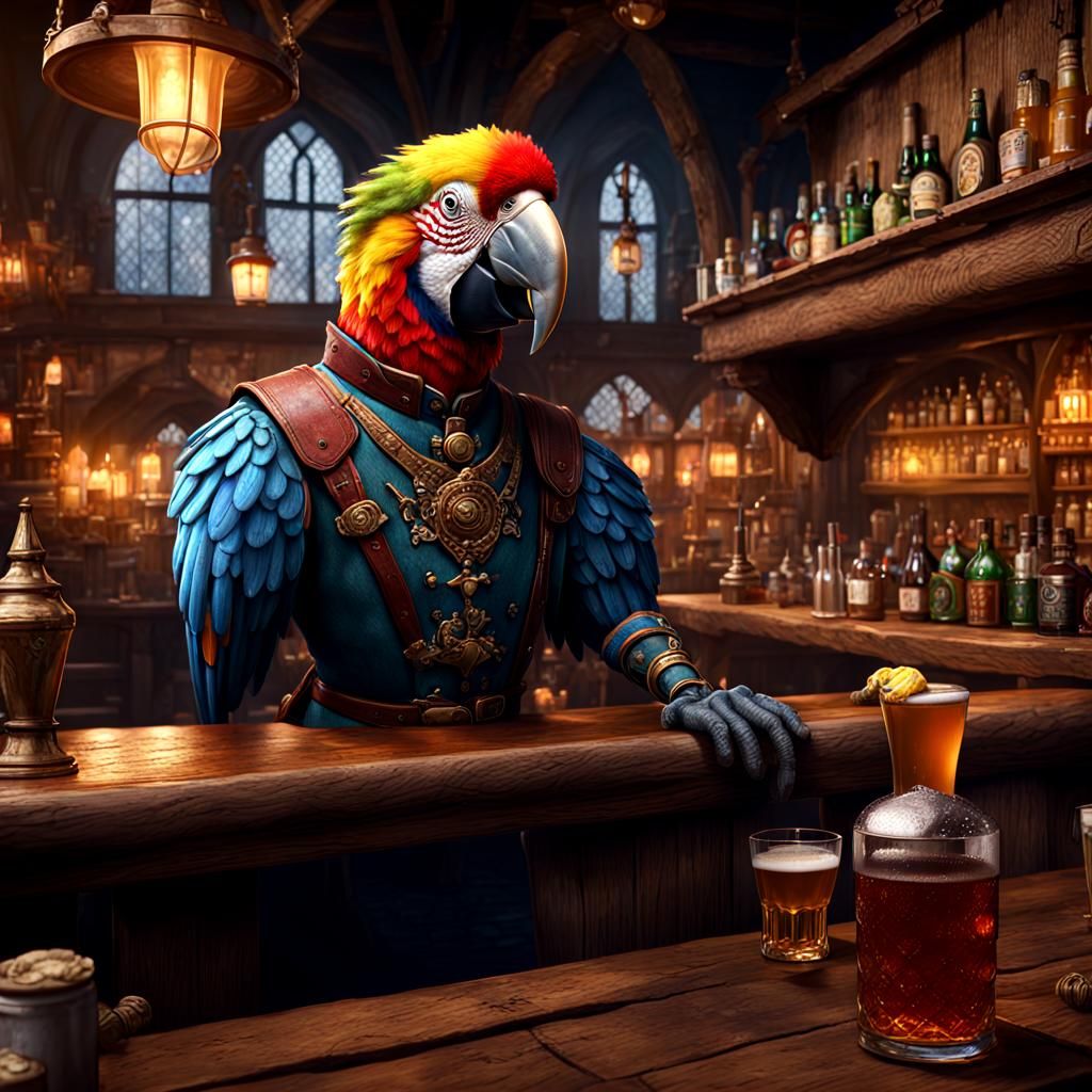 Anthropomorphic Parrot Bartender in Medieval Pub