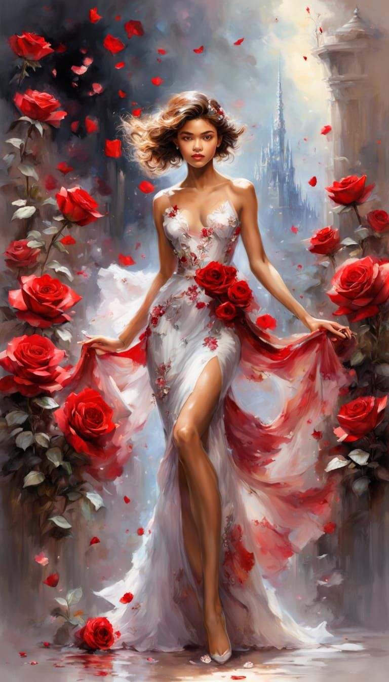 Zendaya Portrait with Magical Roses in Watercolor Style