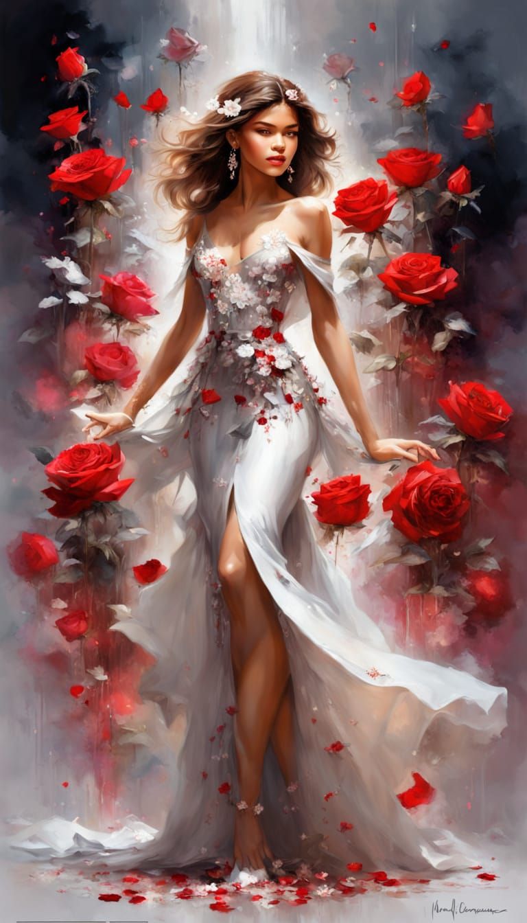 Zendaya Portrait with Magical Red Roses