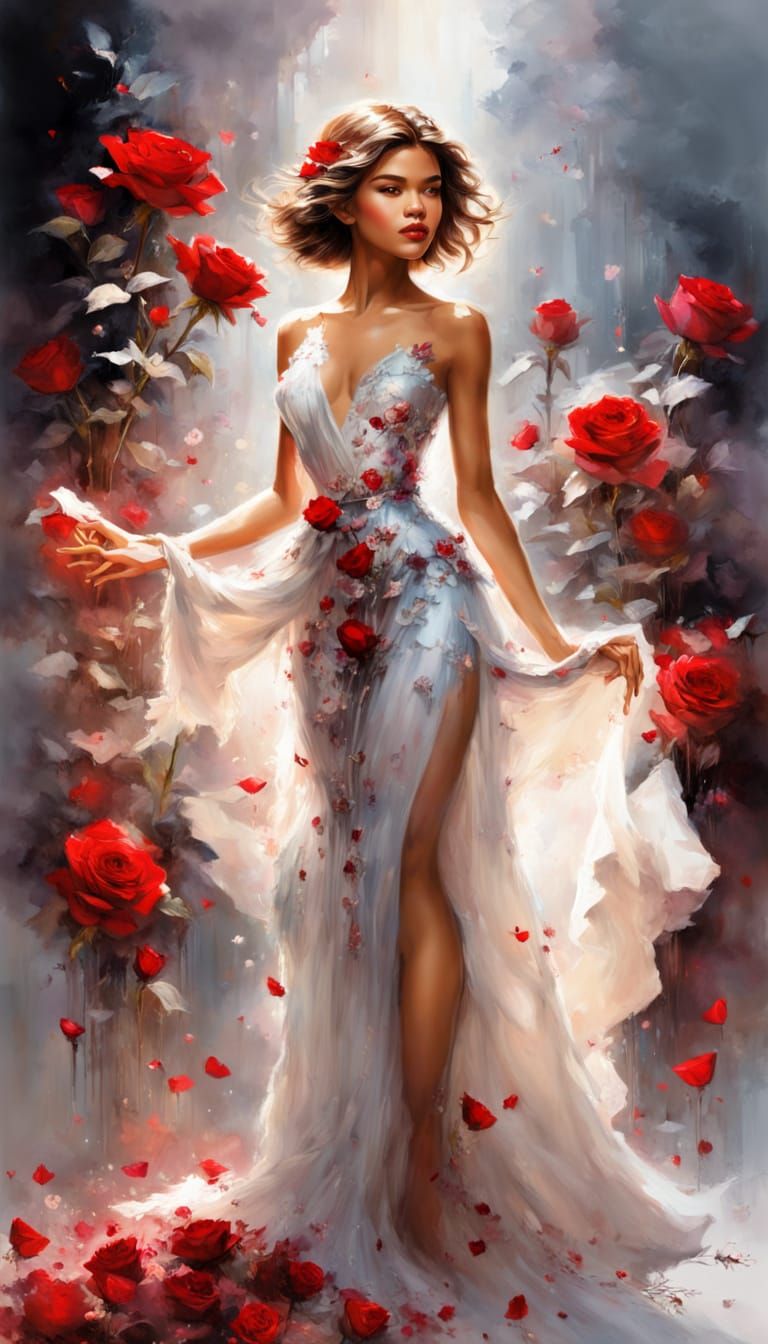Zendaya Portrait with Magical Red Roses