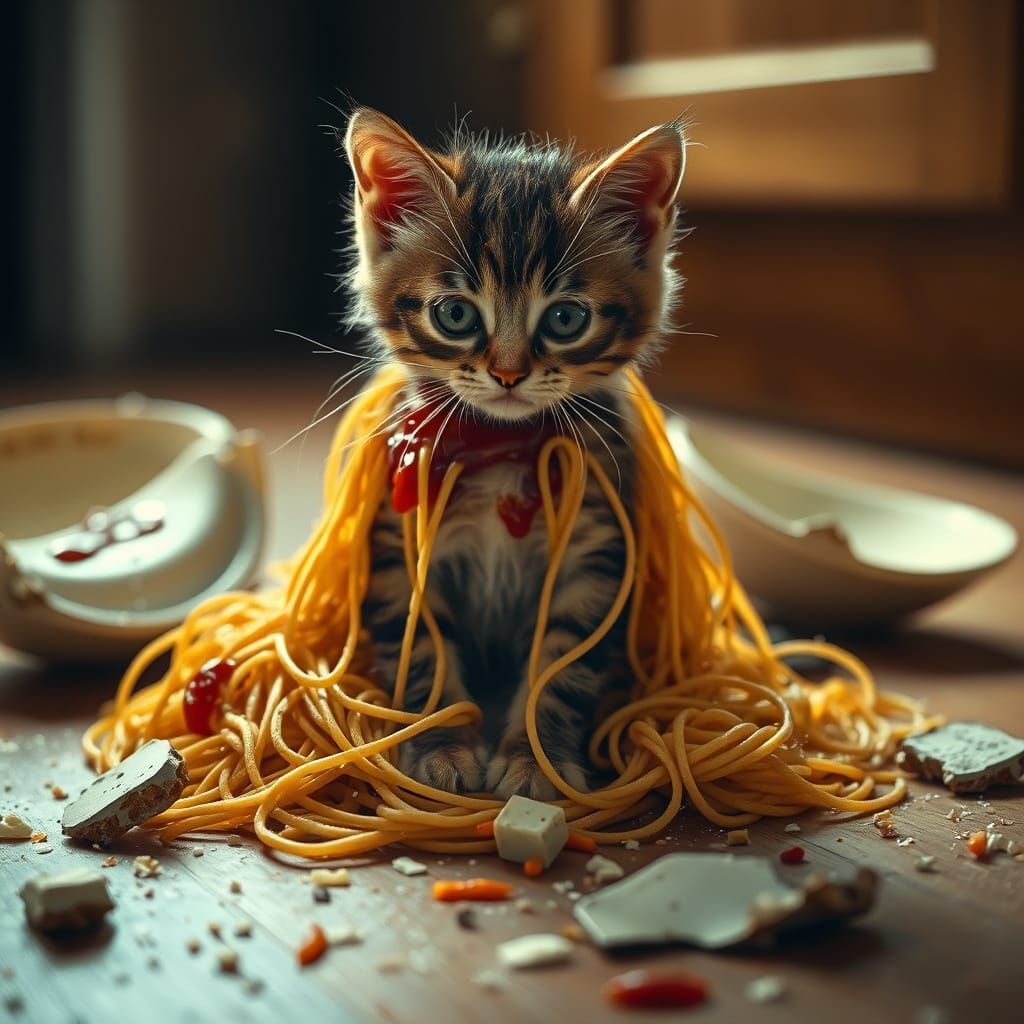 Kitten Amidst Shattered Dishes in Warm Cinematic Lighting