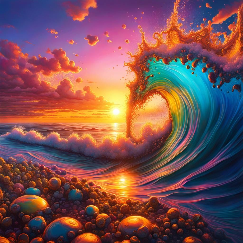 Colorful Sunrise Over Wonderland Ocean in Graffiti Art