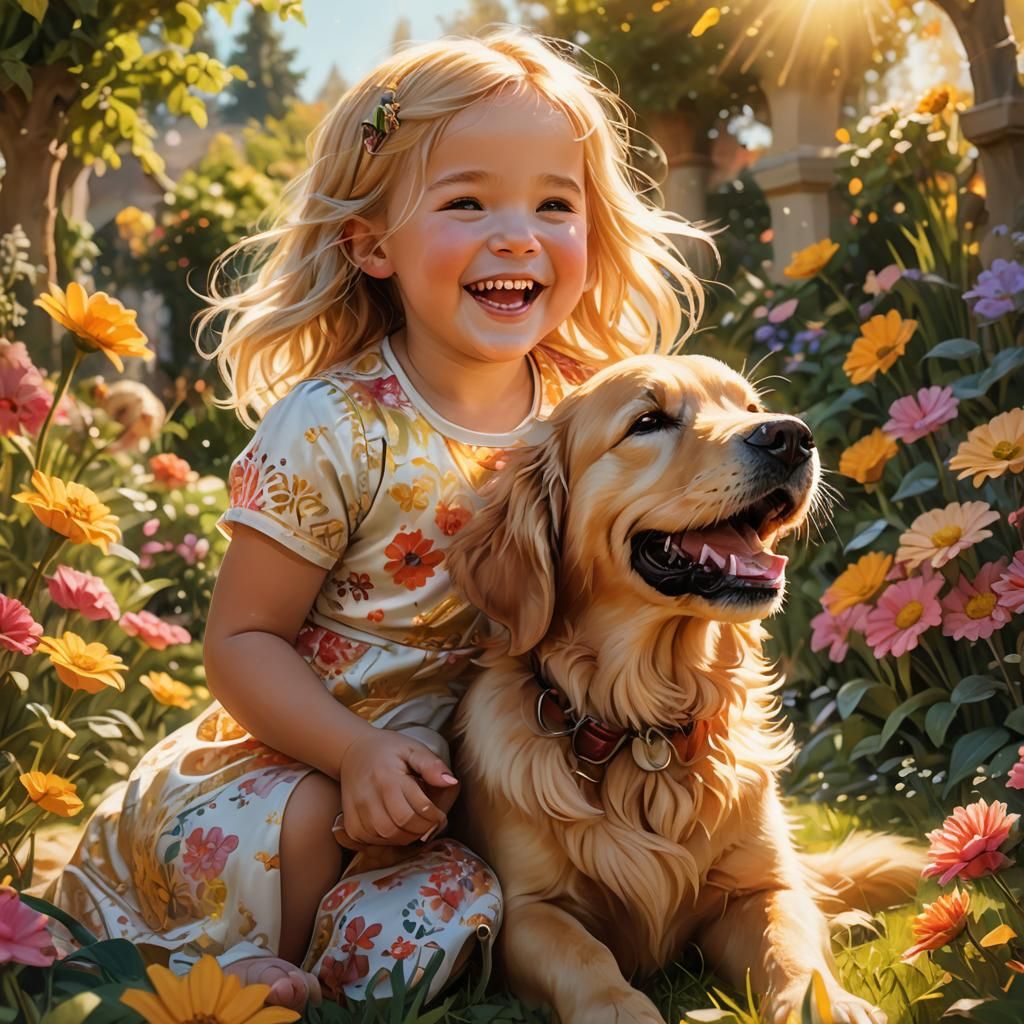 a baby
 girl laughing with a golden retriver