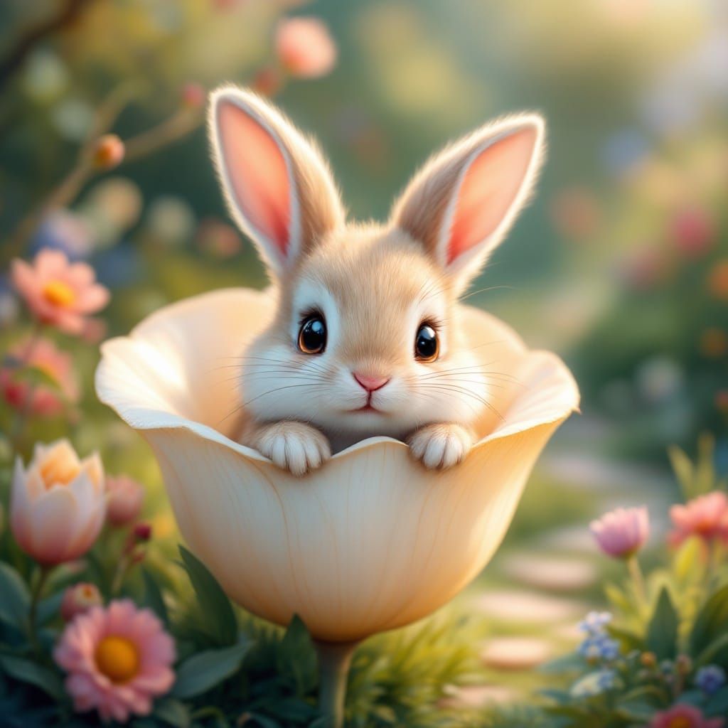 Whimsical Garden Bunny in a Delicate Flower Petal