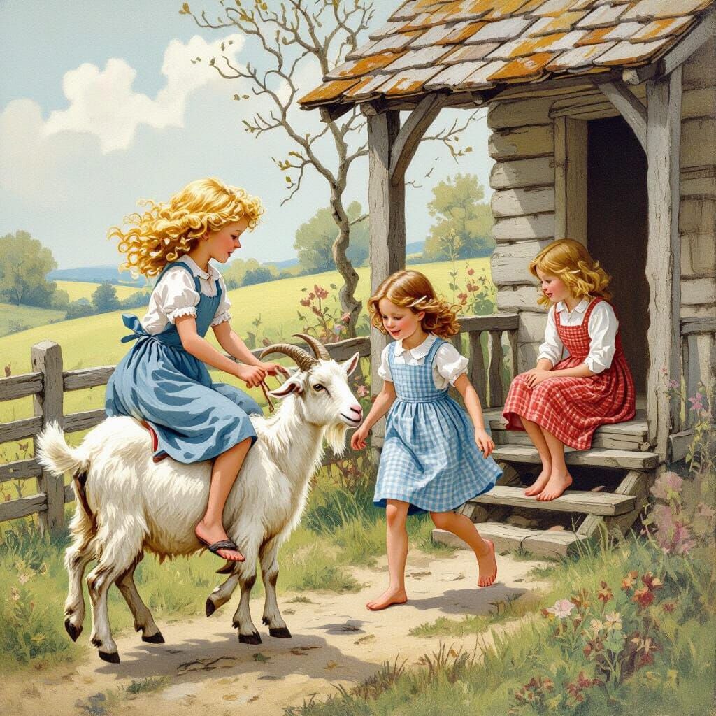 Sisters and Goat in Folk Art Style