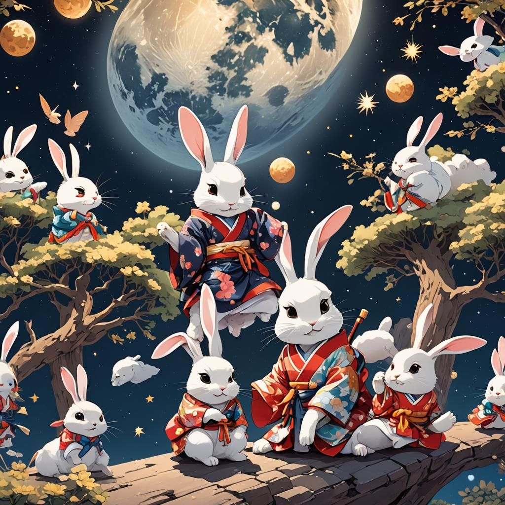 Rabbits in Kimono Play on the Moon: Anime Style