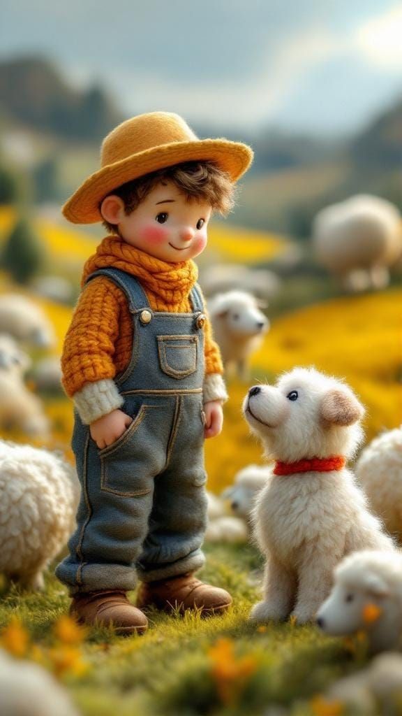 Felted Farmer Boy and Dog in Yarn Landscape