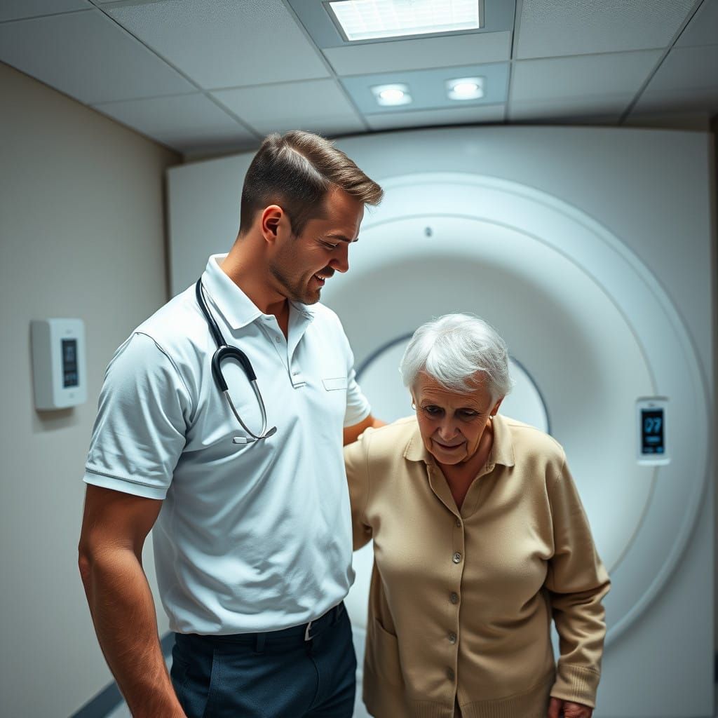 Strong Male Radiographer Assists Elderly Woman in MRI Room