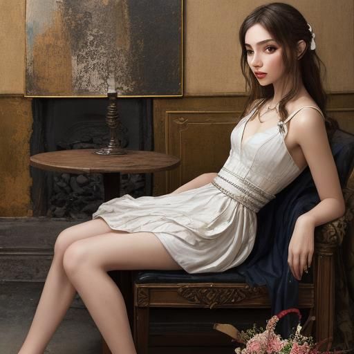 Balthus style Lady wearing a plaster Paris gauze dress white garter, melted tar, rust and straw and patina something lik...