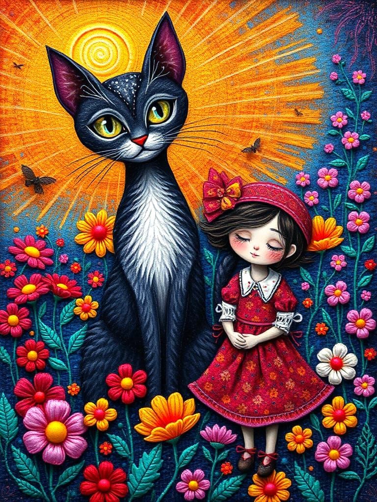 Whimsical Cat and Girl in Klimt-Inspired Mixed Media