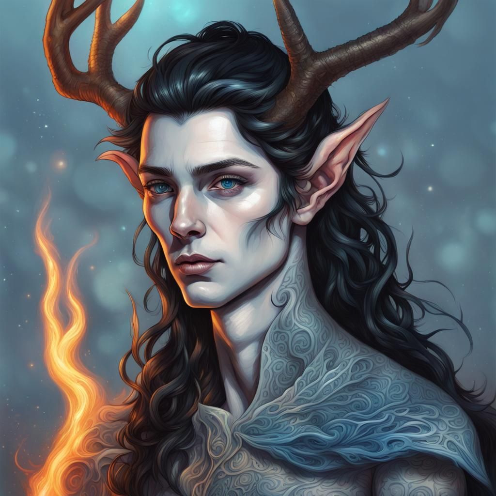 Otherworldly Androgynous Elf with Antlers and Blue Fire
