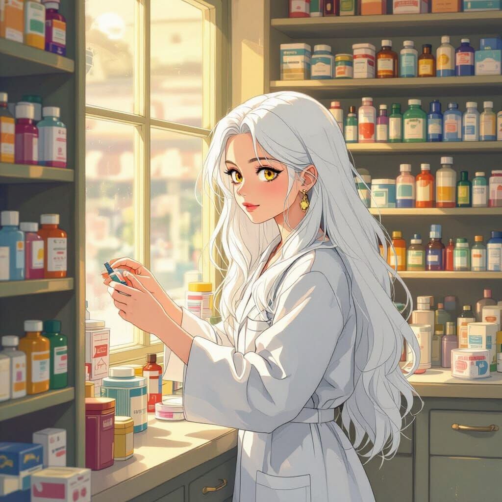 Woman Organizing Vintage Drugstore Shelves in Ghibli Style