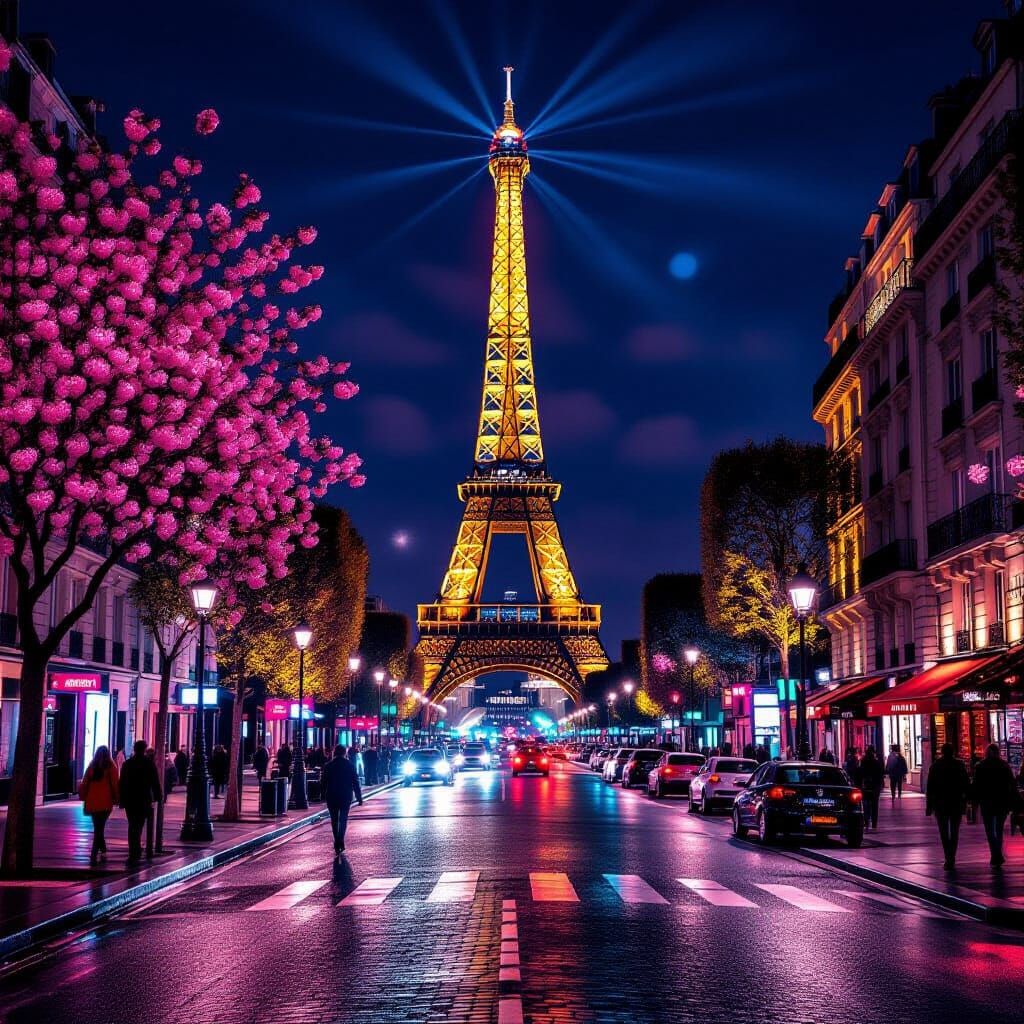 Eiffel Tower Nightscape with Pink Blossom Trees