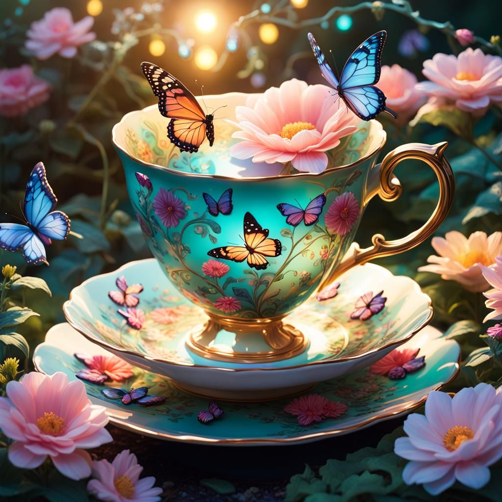 Enchanted Teacup in Fantasy Garden, Impressionist Concept Ar...