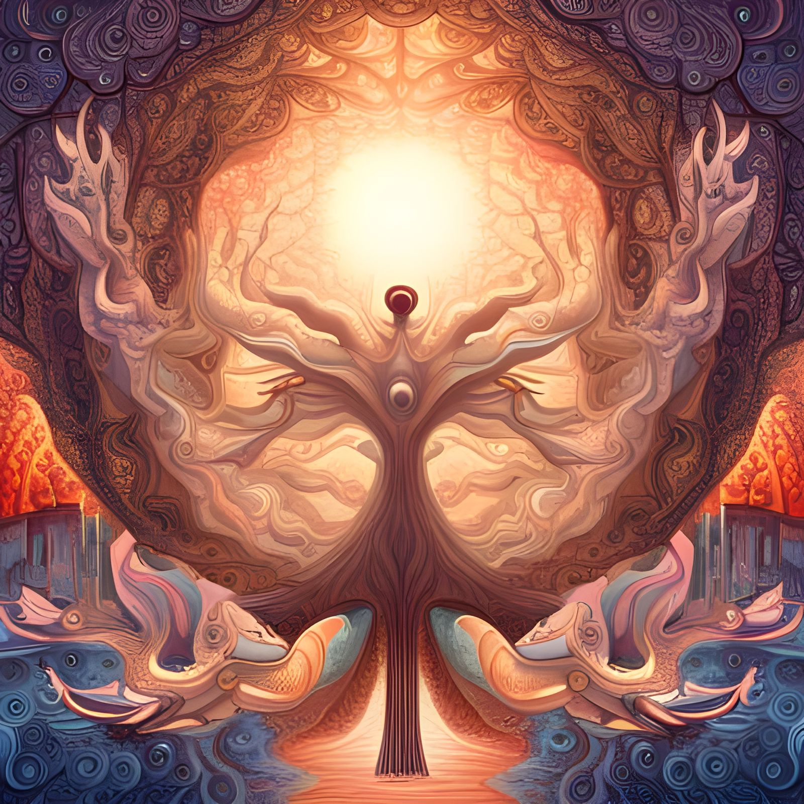 Joyful Alien Dragons in Fractal Garden, Gouache Painting