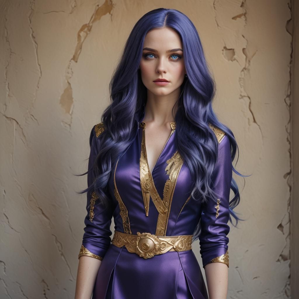 Blue-Haired Character in Purple Outfit: Hyper-Realistic Port...