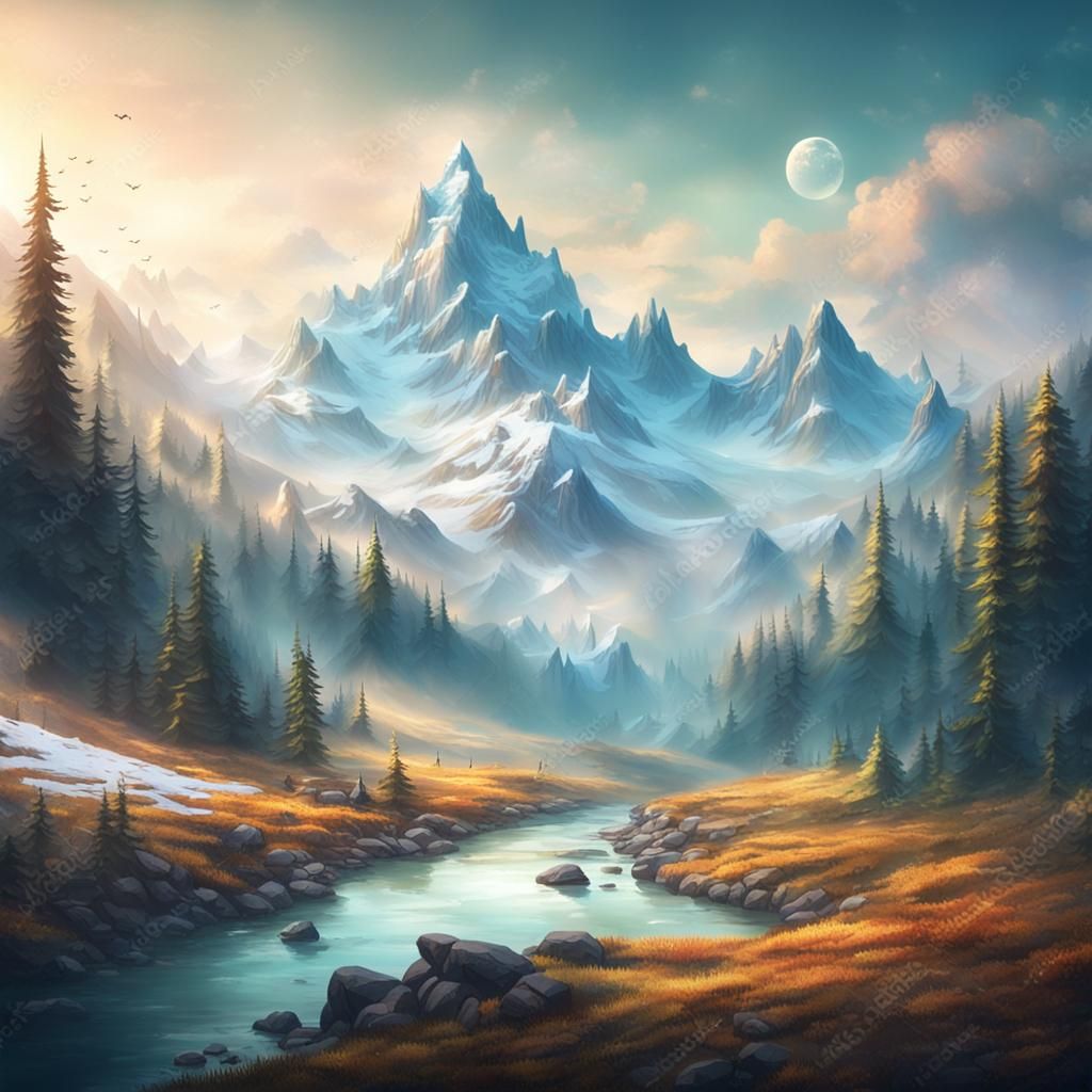 Mystical Mountain Landscape in Storybook Style
