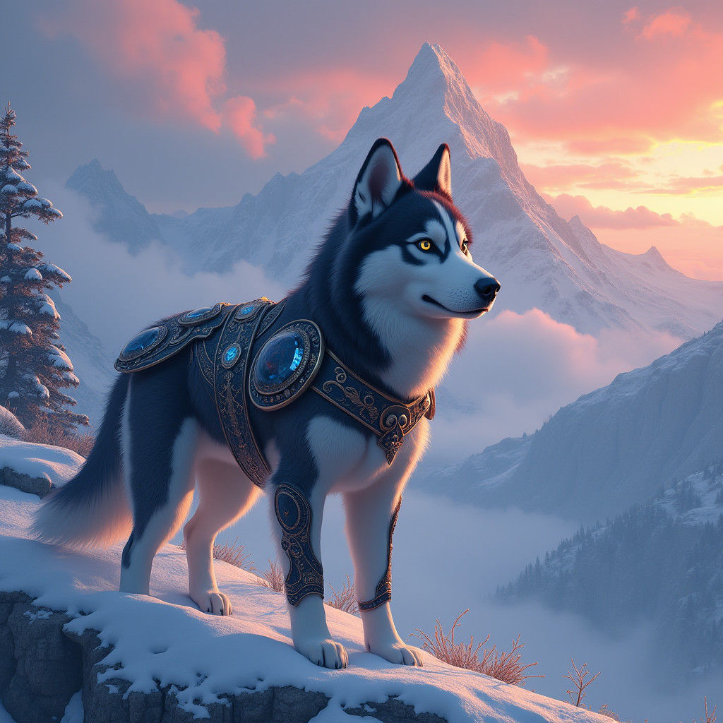 Mystical Husky Warrior on Snowy Mountain