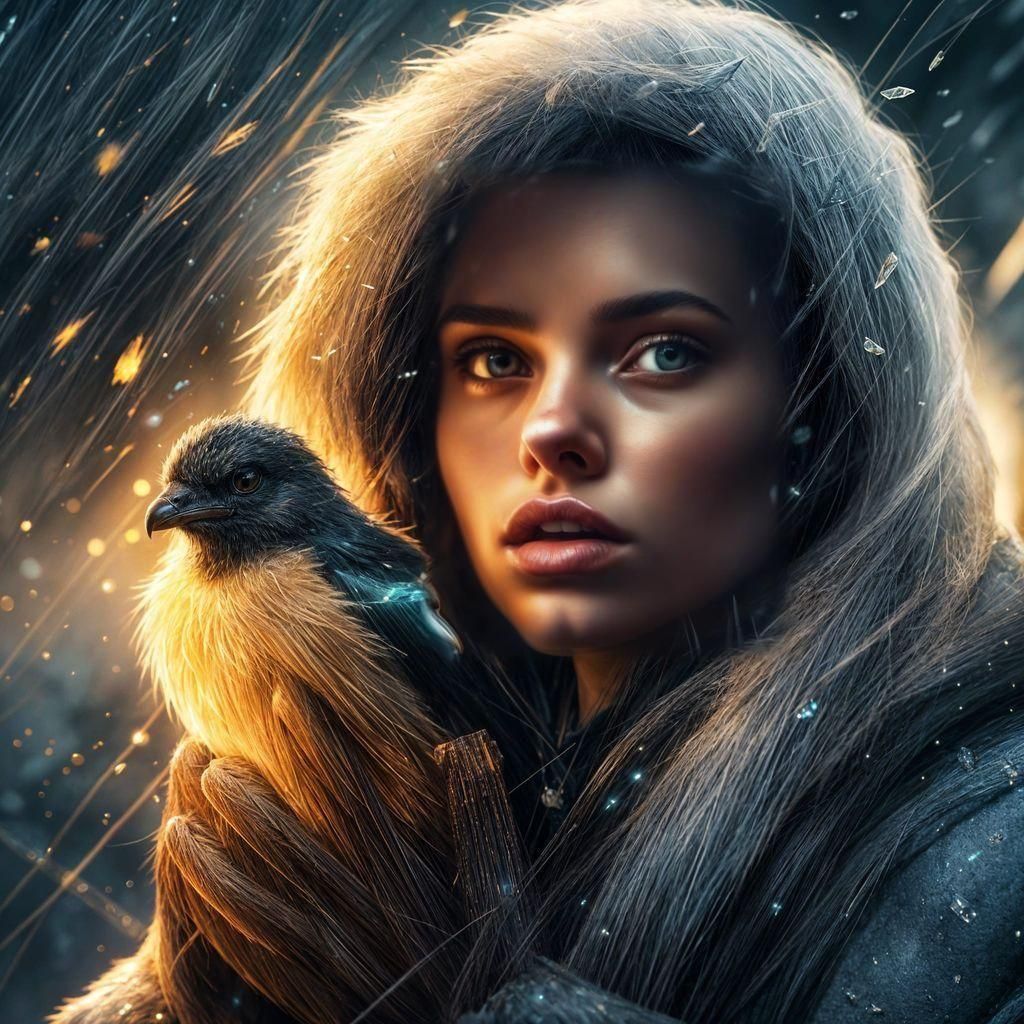 Woman Protects Glowing Bird During Snowstorm
