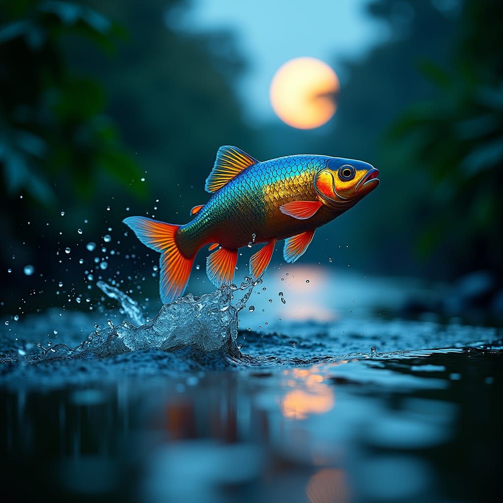 Iridescent Fish Leaping in Moonlit River Photo