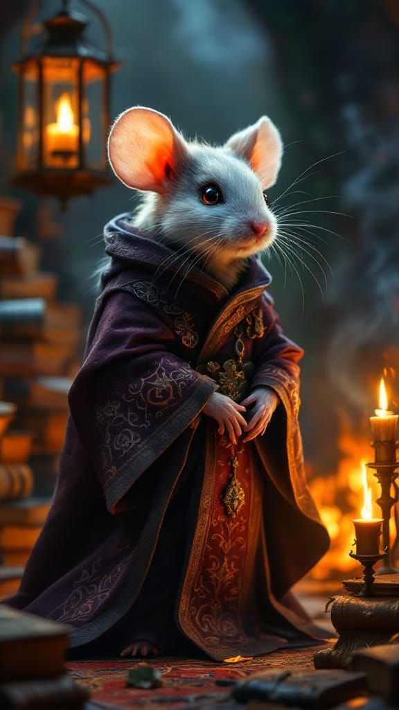 Heroic Wizard Mouse Amidst Mystical Tomes