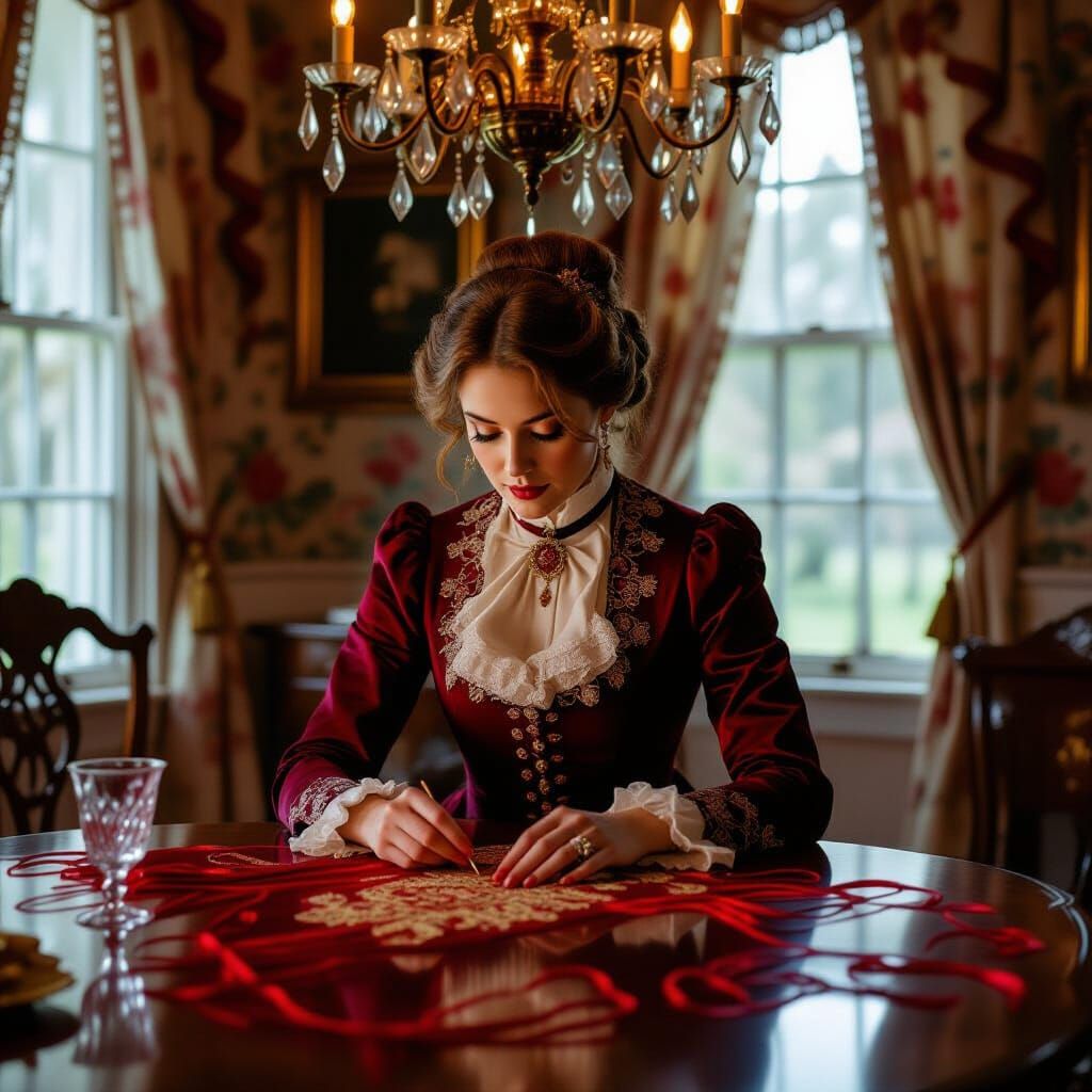 Victorian Woman Embroidering Under Chandelier Light
