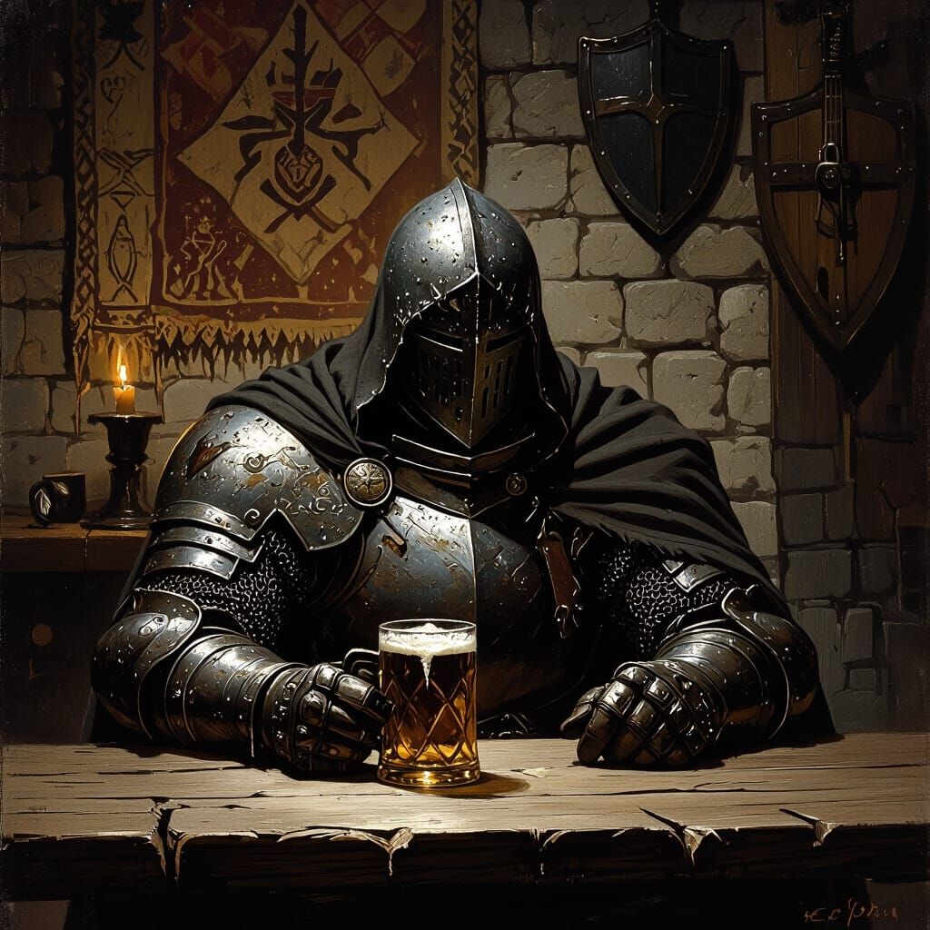 Knight in Dim Tavern, Gritty Realistic Style