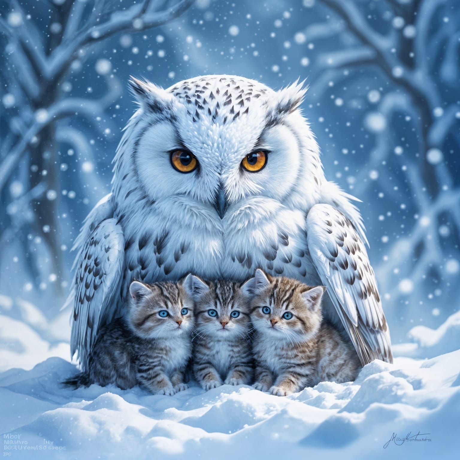 Snow Owl Protects Kittens in Winter Storm