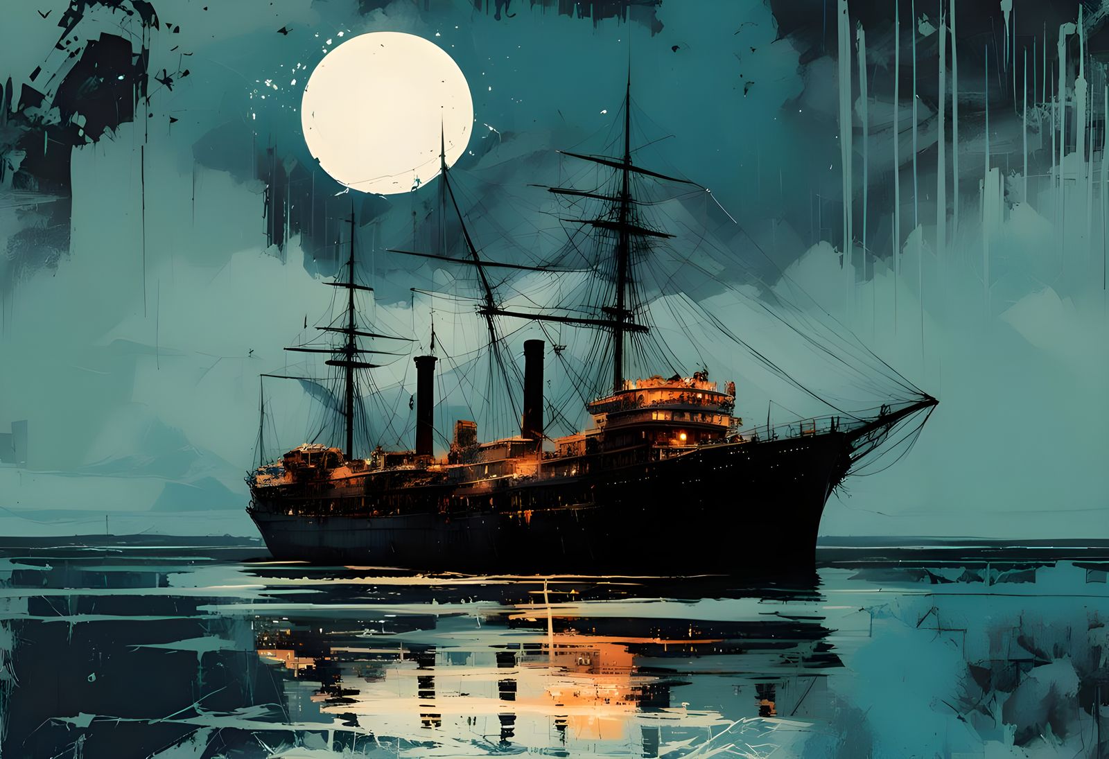 Ghostly Ship in Distorted Lino Print Style