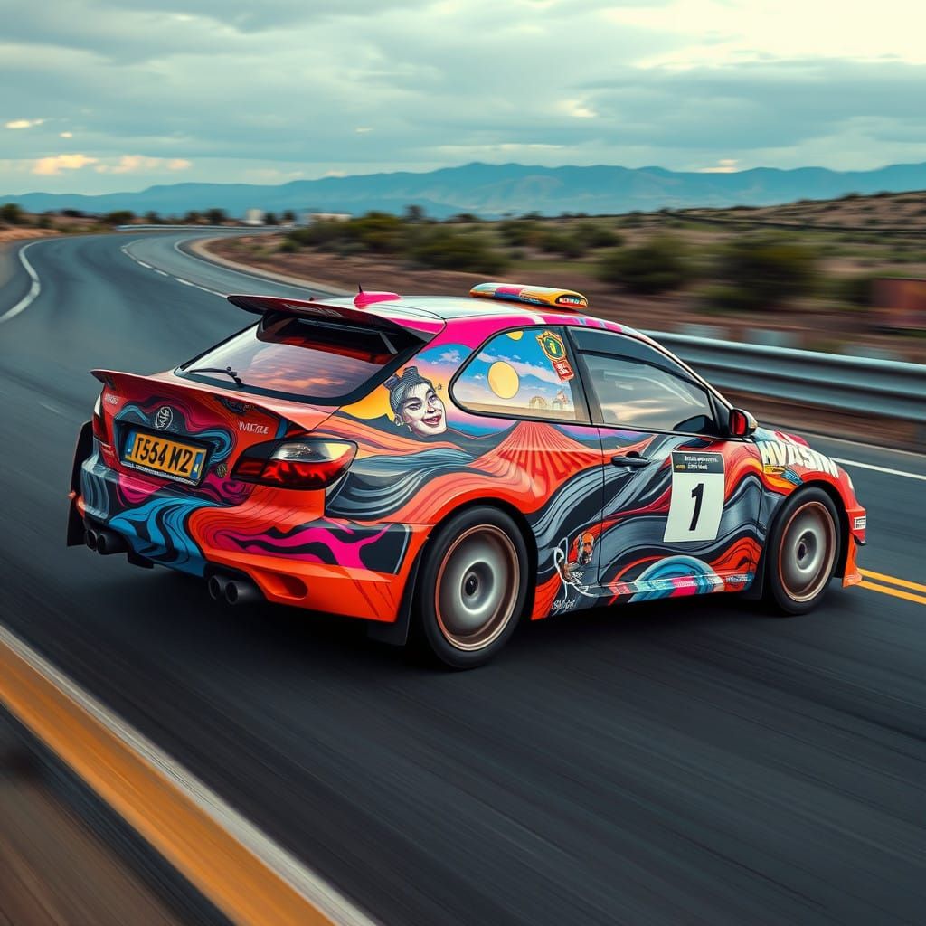 Rally car wrapped in "we don't look in the mirror" artwork