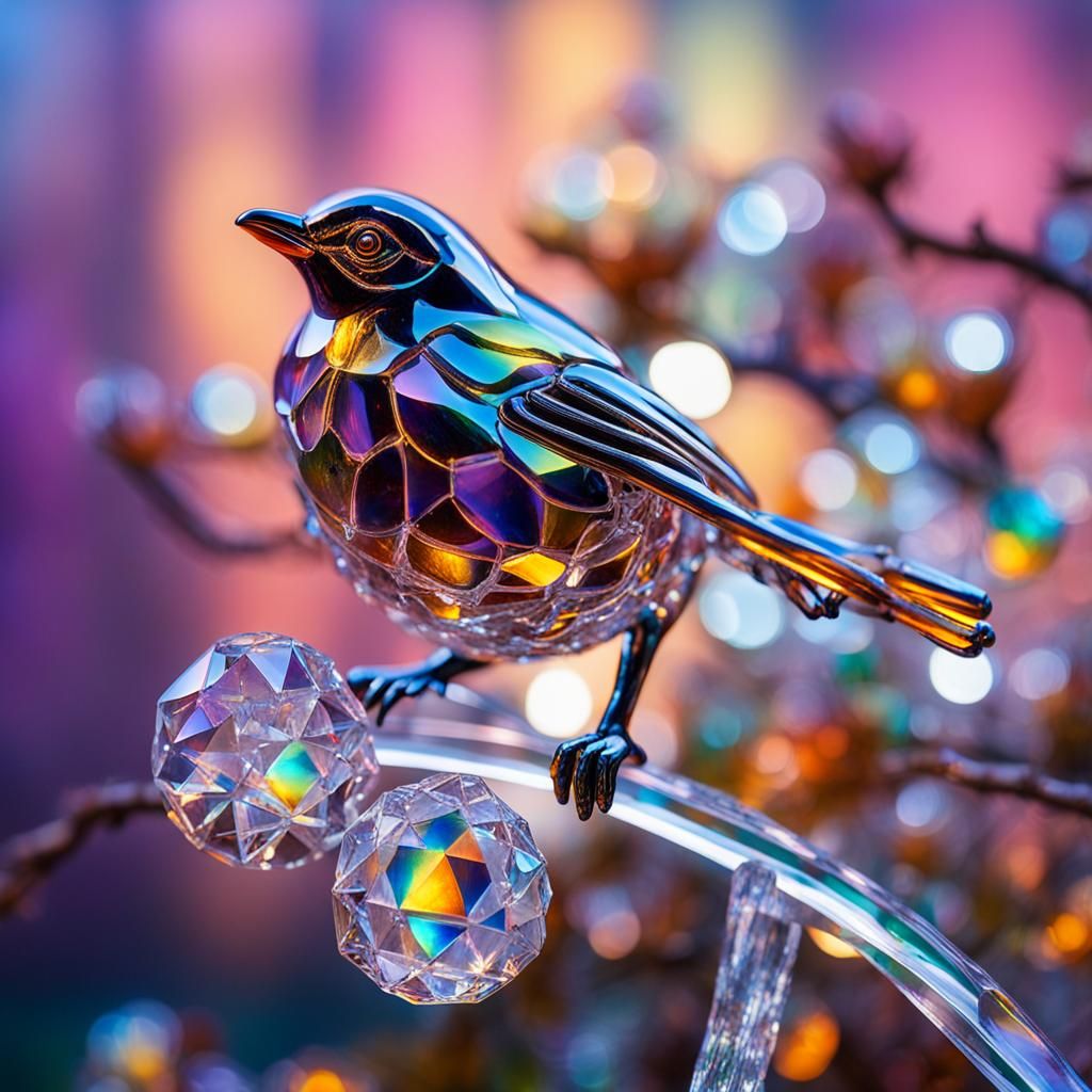 Iridescent Crystal Robin Sculpture on Branch