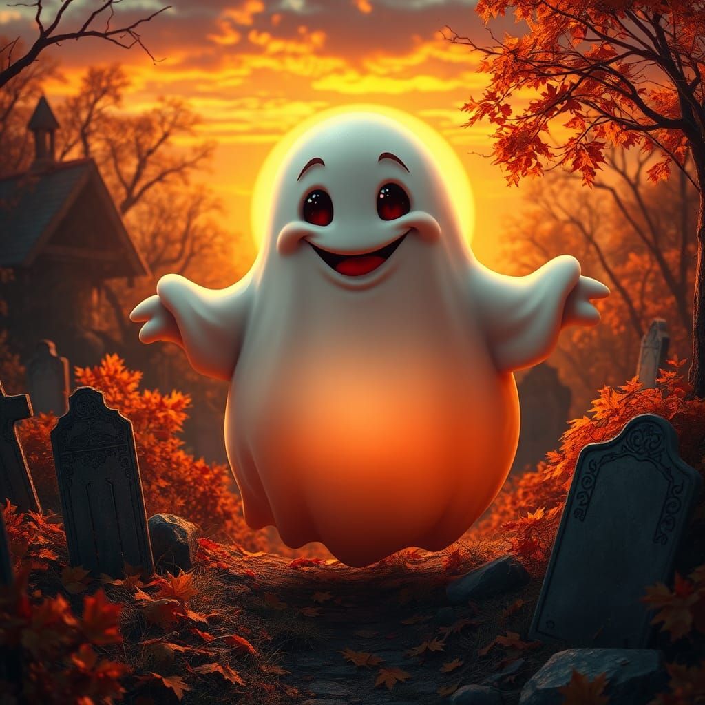 Playful Ghost in Autumn Graveyard, Fantasy Concept Art