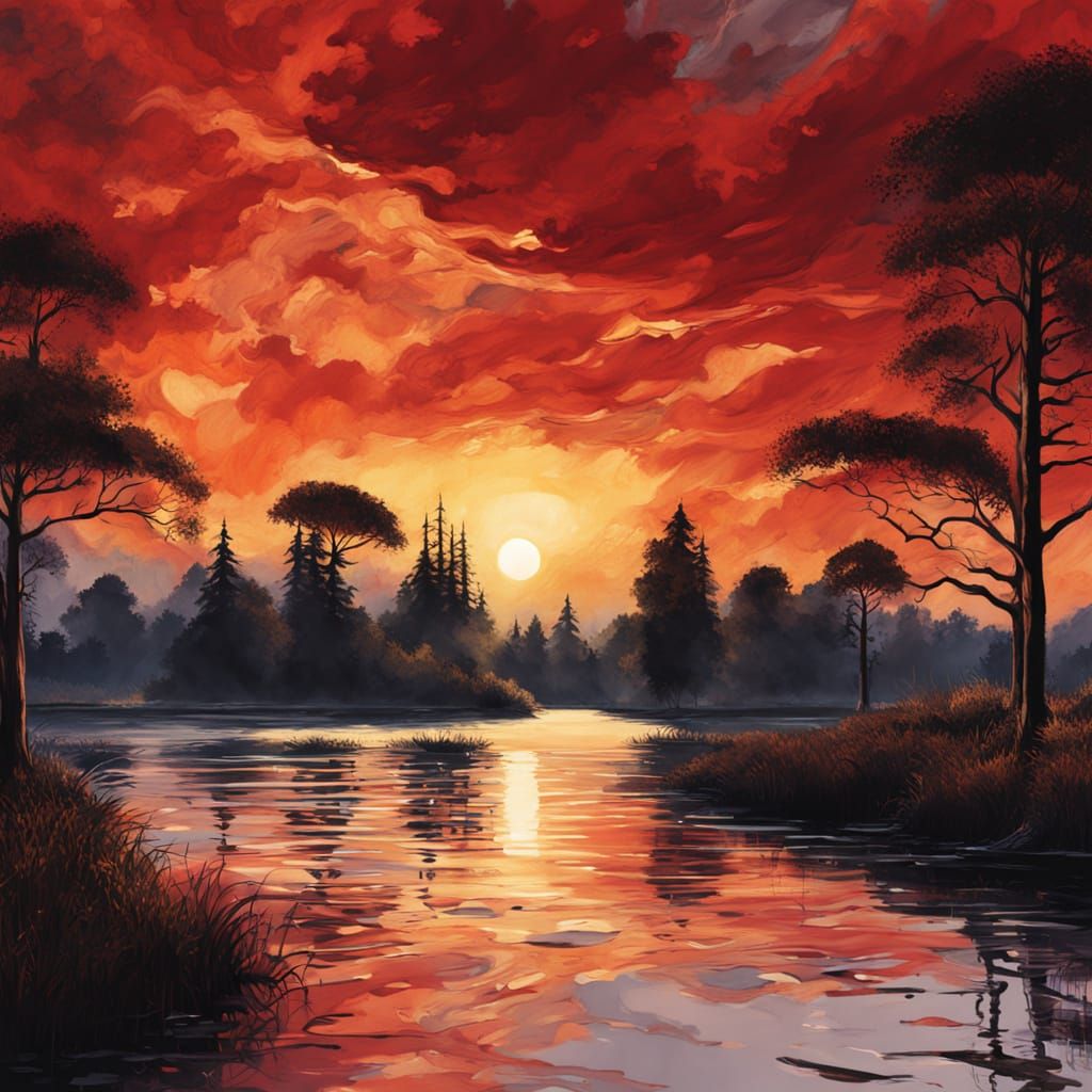Gothic Sunset: A Detailed Oil and Watercolor Landscape