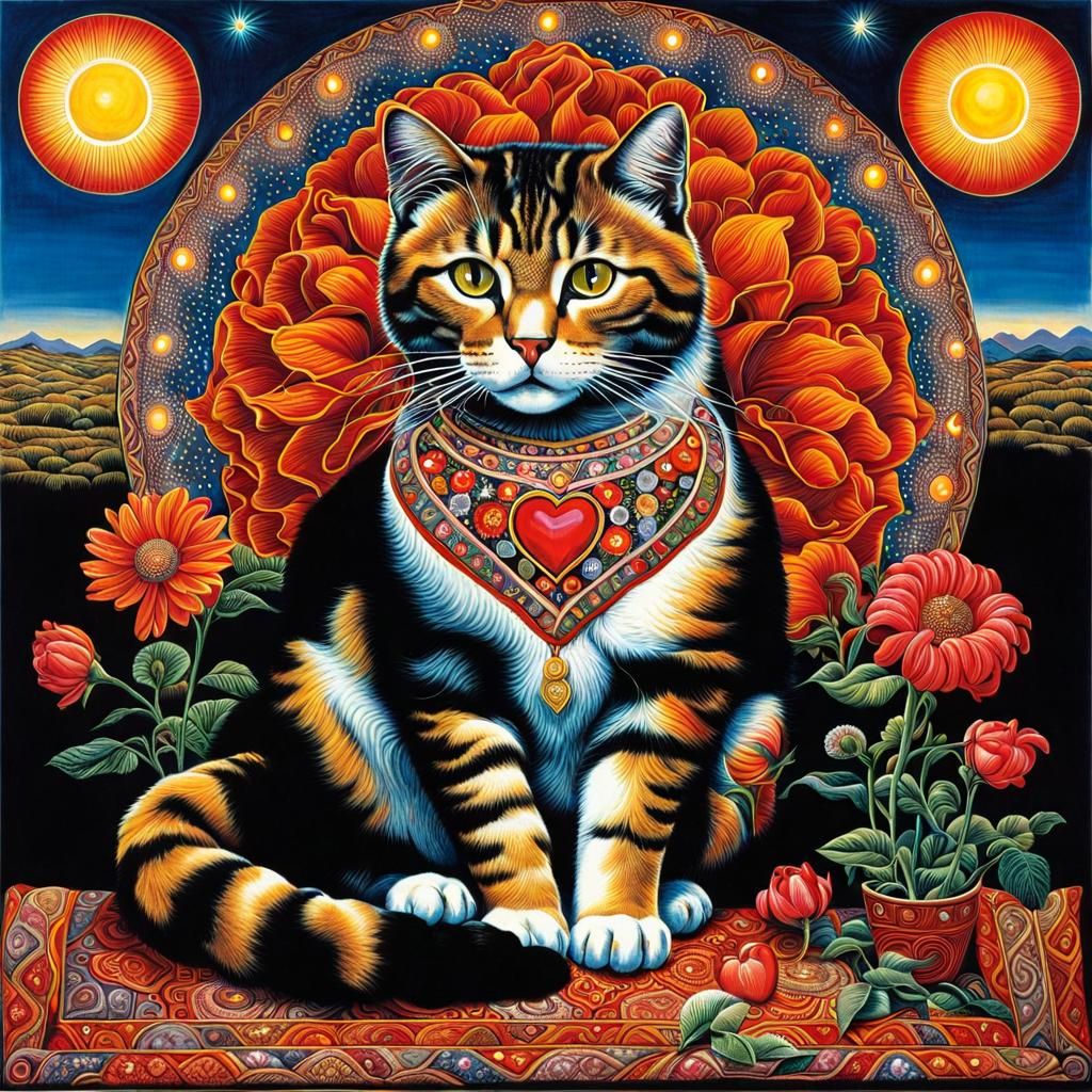 Psychedelic Cat Surrounded by Flowers in Surrealist Style