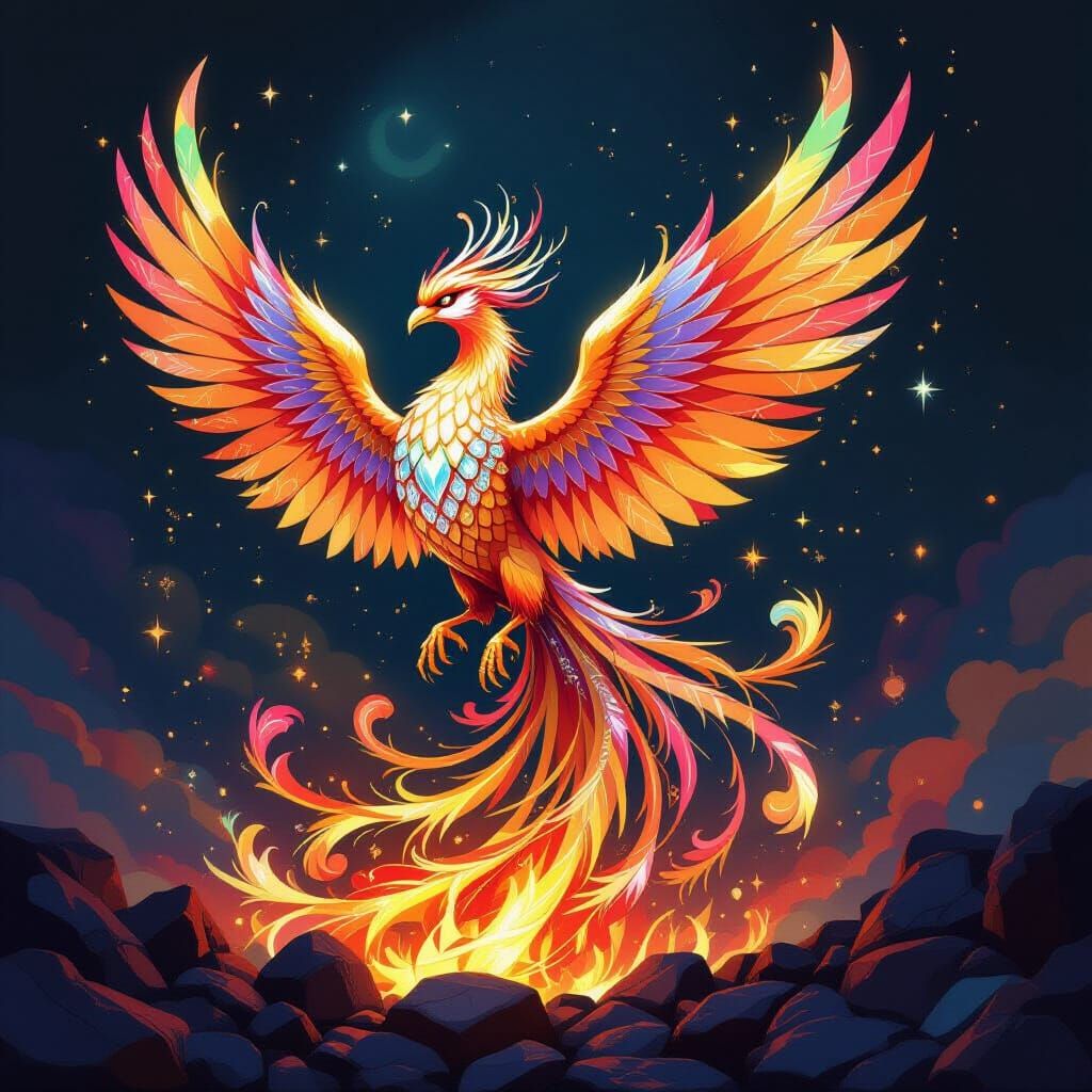Diamond Phoenix Rising in Whimsical Style