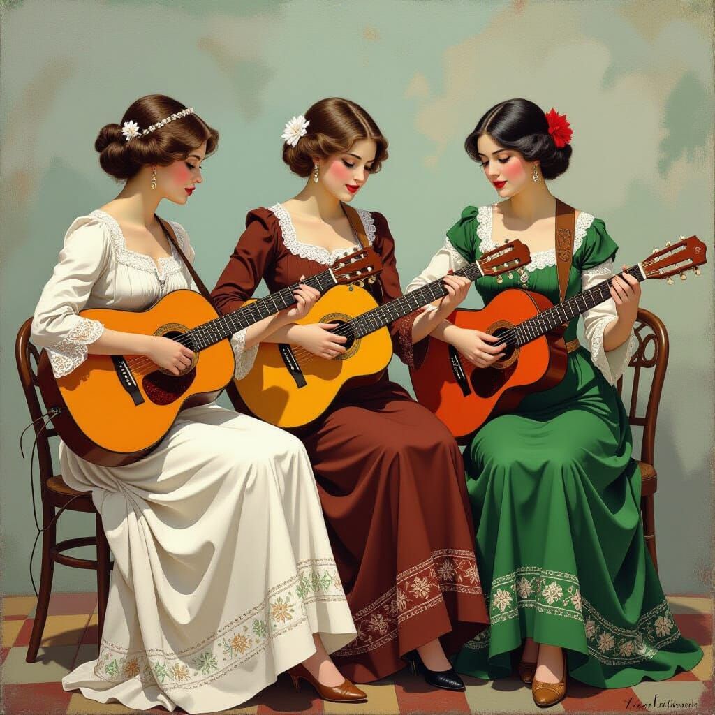 Three Women Play Guitars on 1902 Bandstand