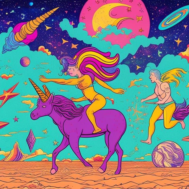 Divine Warrior Woman Rides Cosmic Unicorn