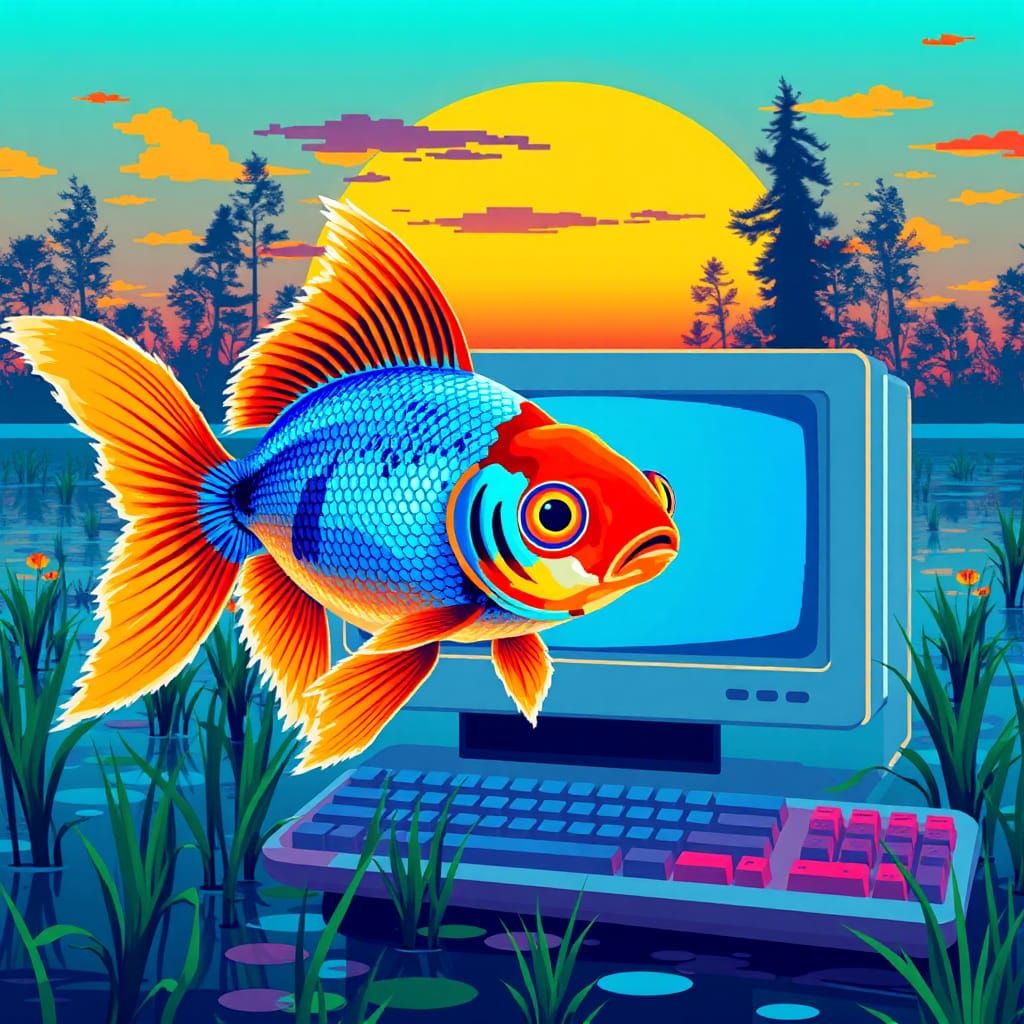 Pixelated Goldfish Portrait with Retro Computer, Pop Art