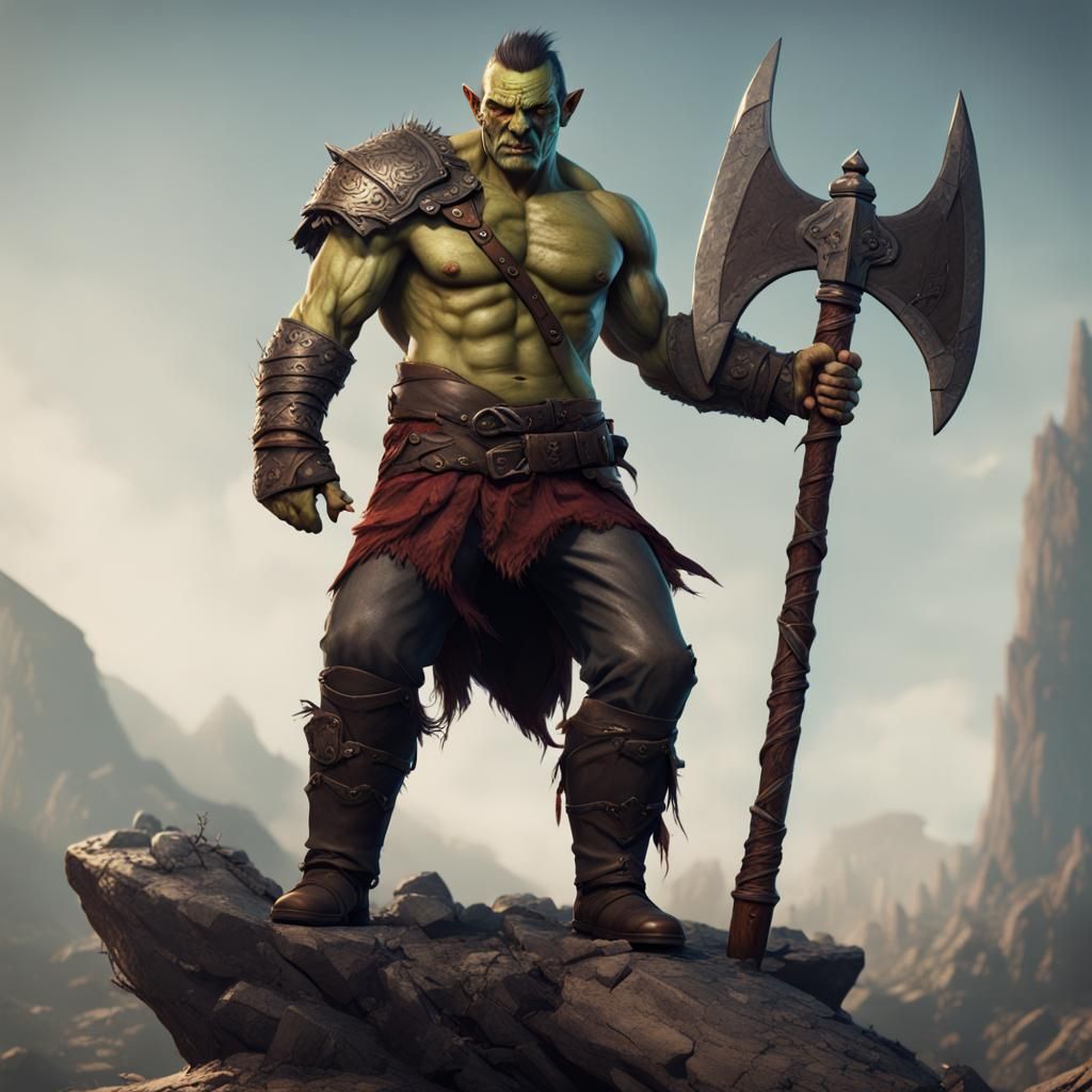 Half-Orc Warrior with Great Axe, Detailed Matte Painting