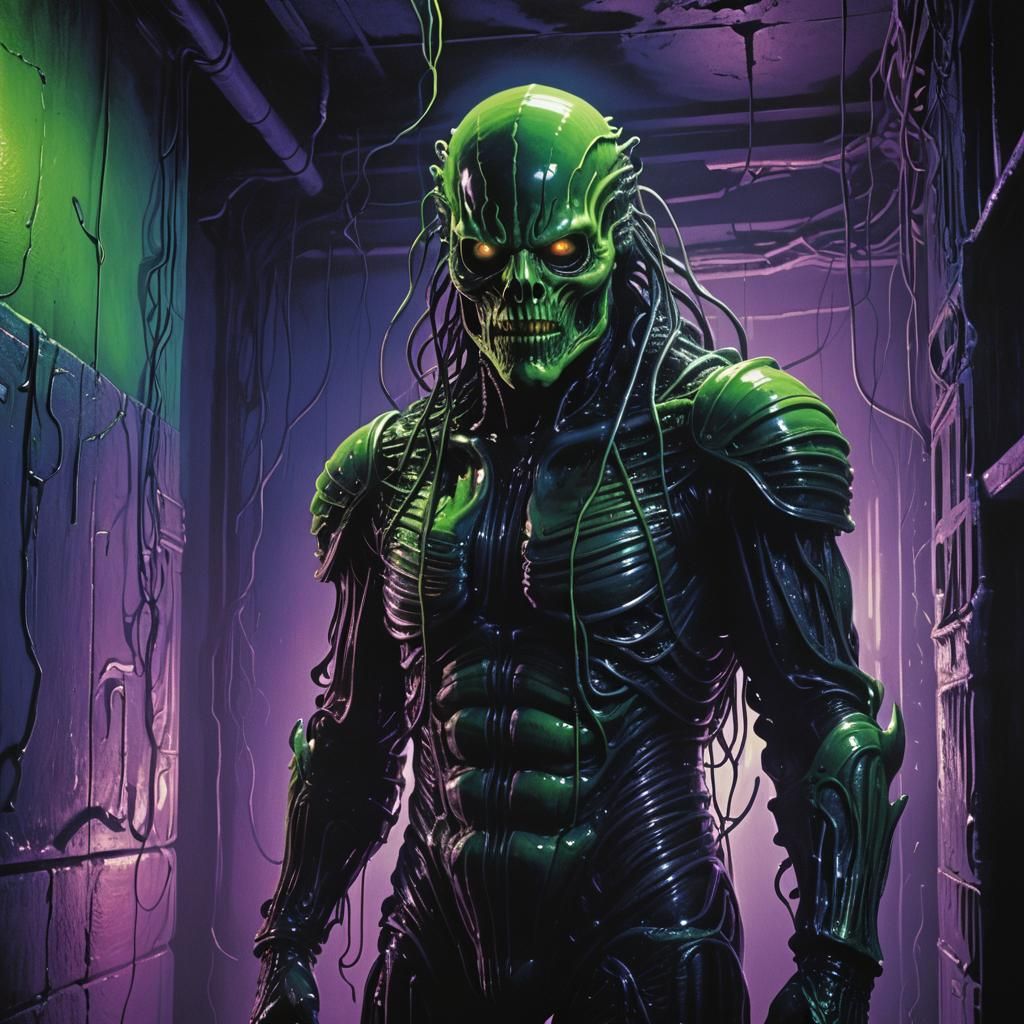 Retro Horror Villain in Giger and Beksiński Styles