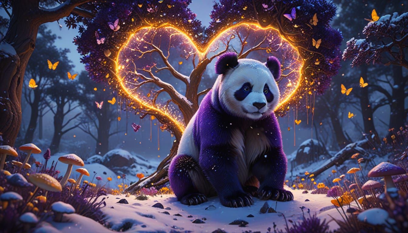 Whimsical Surrealist Landscape with a Purple Panda and Heart...