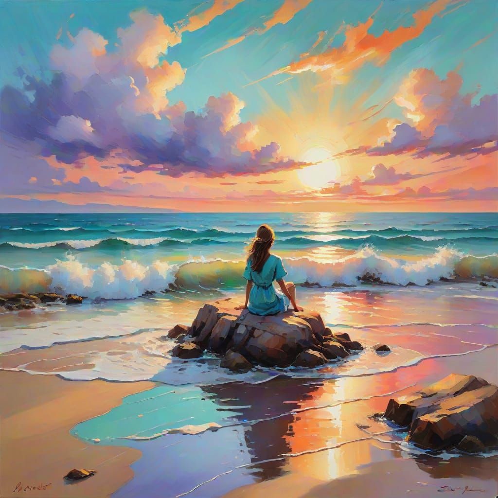 Impressionist Seascape with Woman in Warm Golden Light