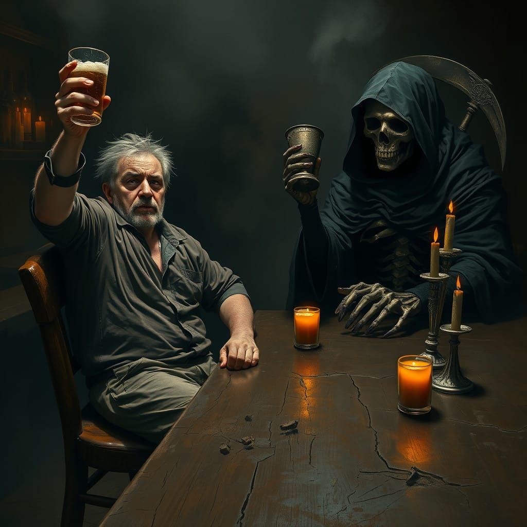 Dark Figure of Death Toasts with Lost Soul in Macabre Bar Sc...