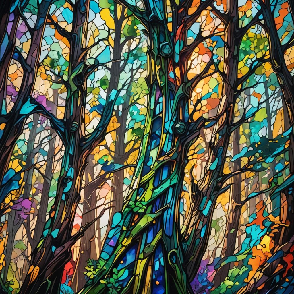 Stained Glass Cypresses in Vibrant Graffiti Art