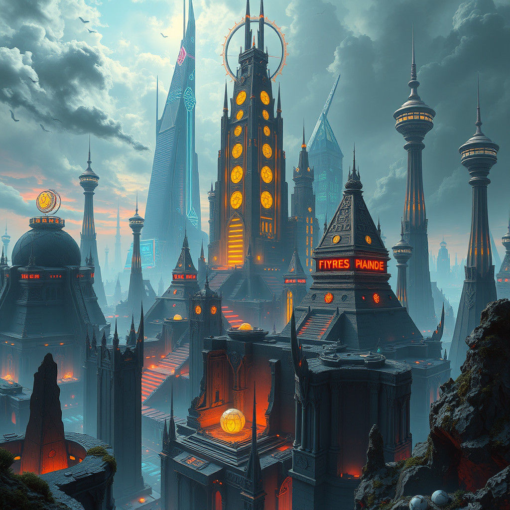 Cyberpunk Cityscape with Ancient Ruins and Neon Lights