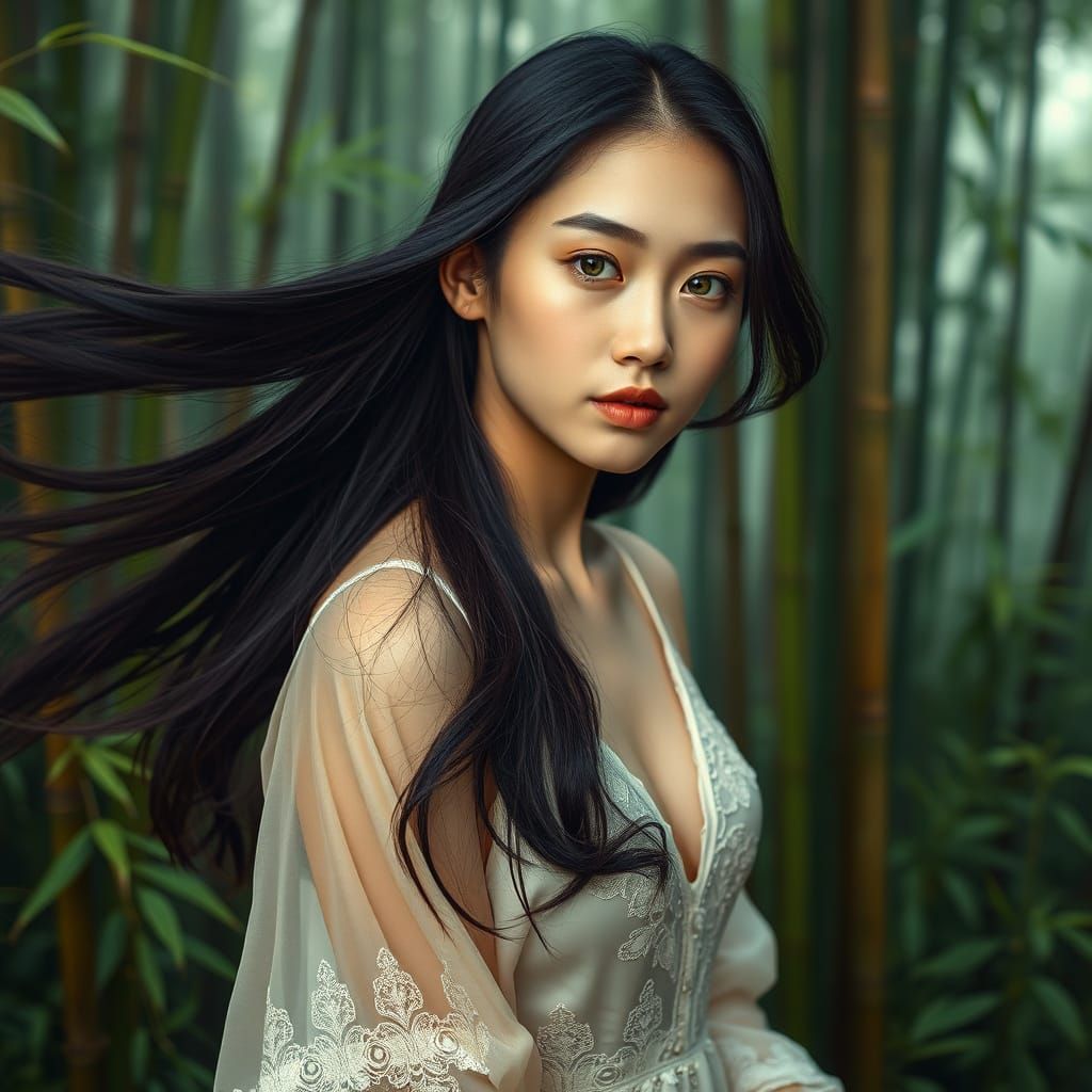 Ethereal Asian Goddess in Bamboo Forest