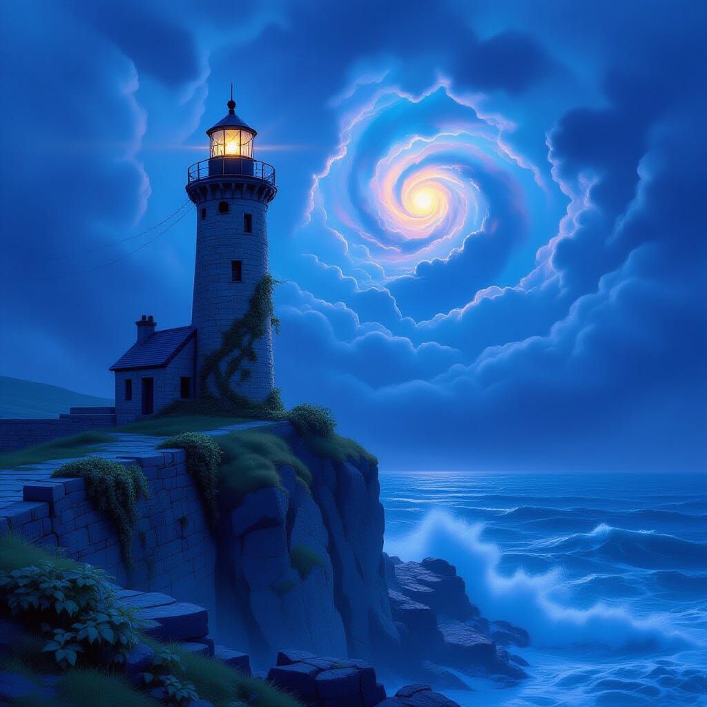 Ethereal Lighthouse on Crumbling Cliff in Cosmic Nebula