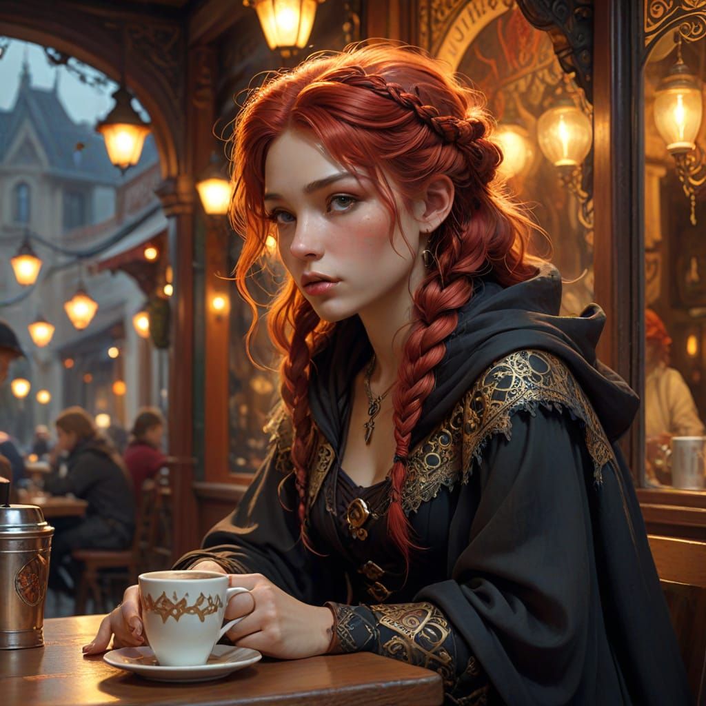 Witch Sipping Coffee in Cafe, Intricate Cloak Design